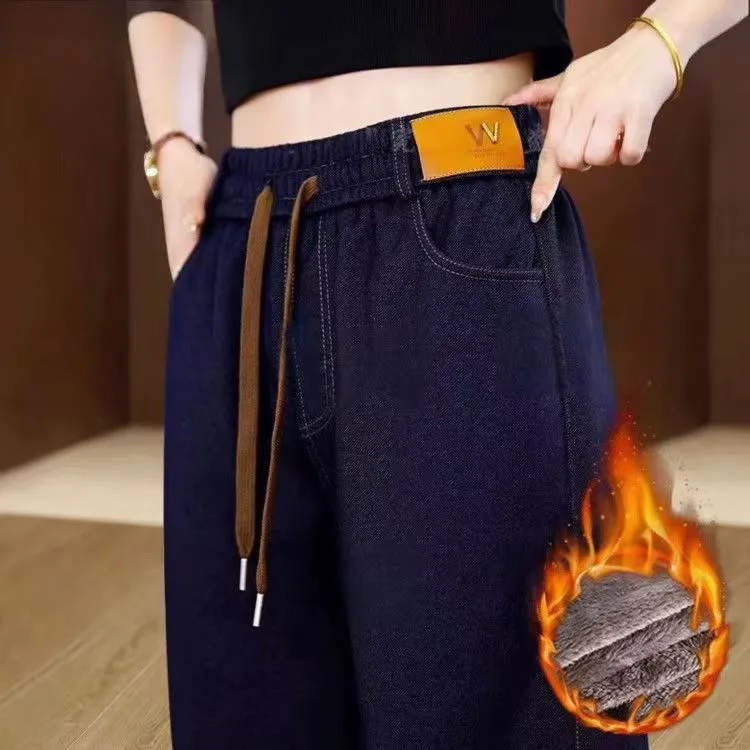 鬆緊高腰寬鬆顯瘦休閒直筒百搭刷毛牛仔褲