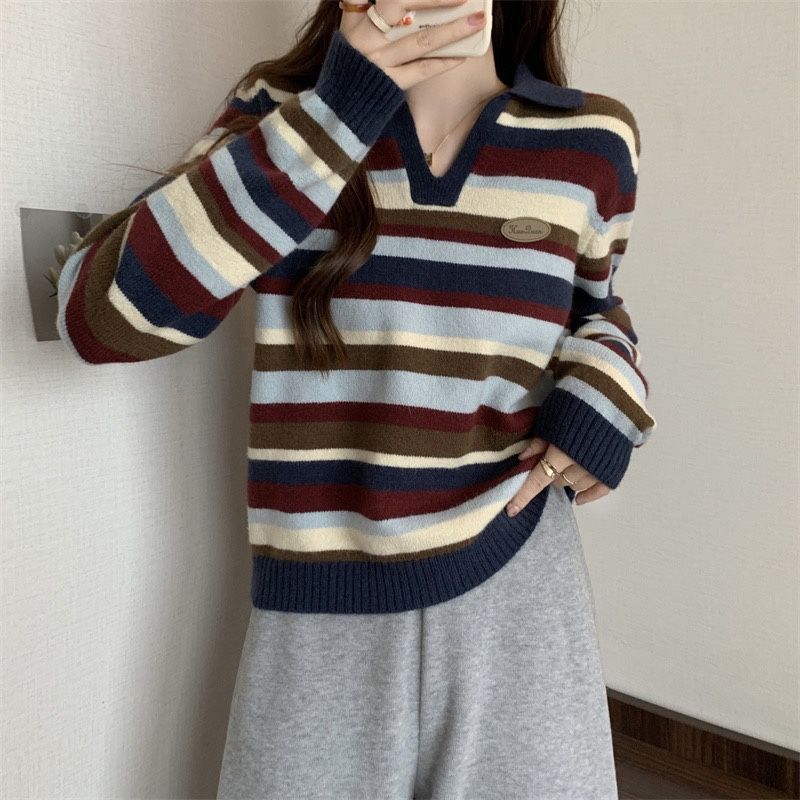 條紋POLO領針織打底衫新款大碼內搭長袖毛衣