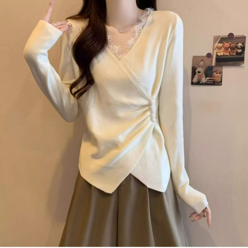 大碼德絨蕾絲拼接V領不規則交叉長袖T恤