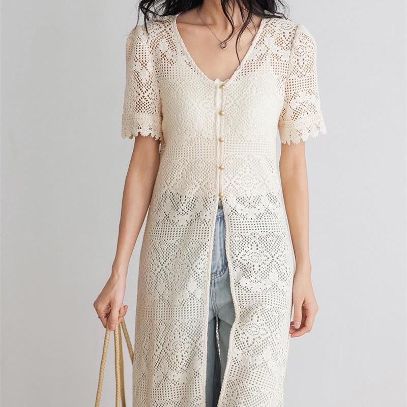 防曬衣長版短袖鏤空設計感法式針織開衫