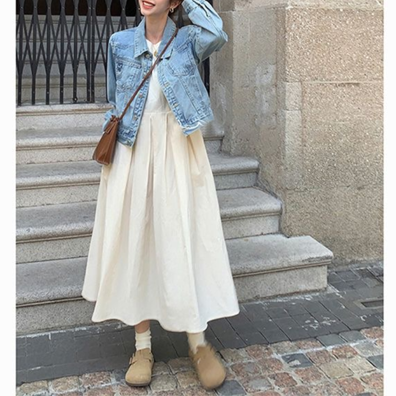 法式白色收腰顯瘦中長款蓬蓬大擺無袖連身裙