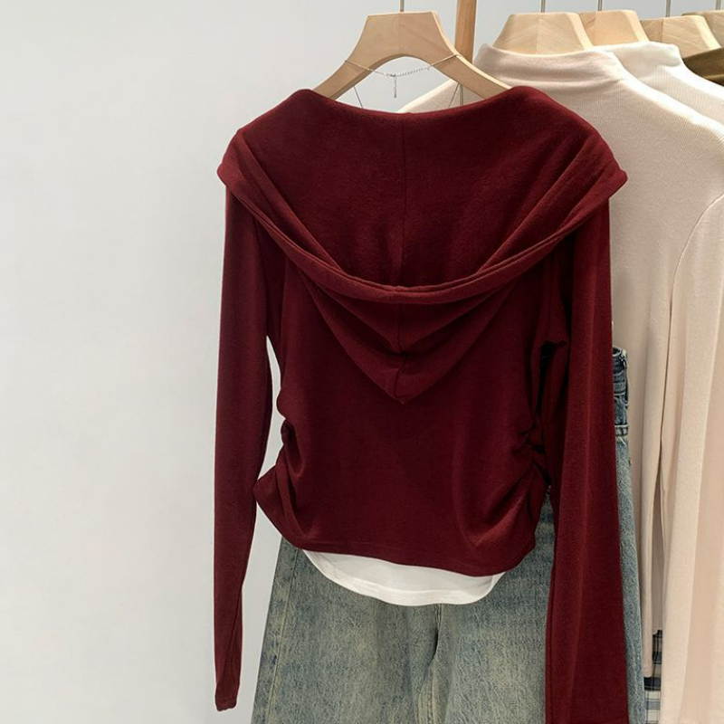 美式假兩件抽褶顯瘦連帽長袖T恤