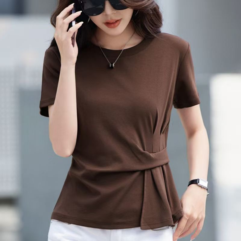 不規則設計純棉顯瘦褶皺收腰寬鬆短袖-HaloBless