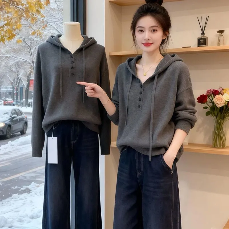 設計感素色寬鬆慵懶抽繩連帽針織衫