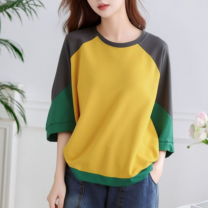 純棉寬鬆圓領文藝休閒五分袖大碼撞色長袖-HaloBless