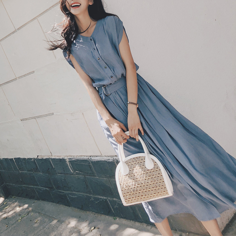 韓版優雅氣質小眾過膝收腰雪紡連身裙-HaloBless