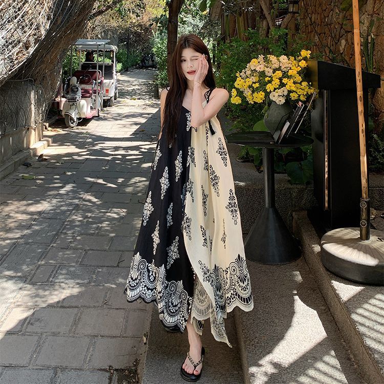 復古印花寬松設計顯瘦新中式度假吊帶洋裝
