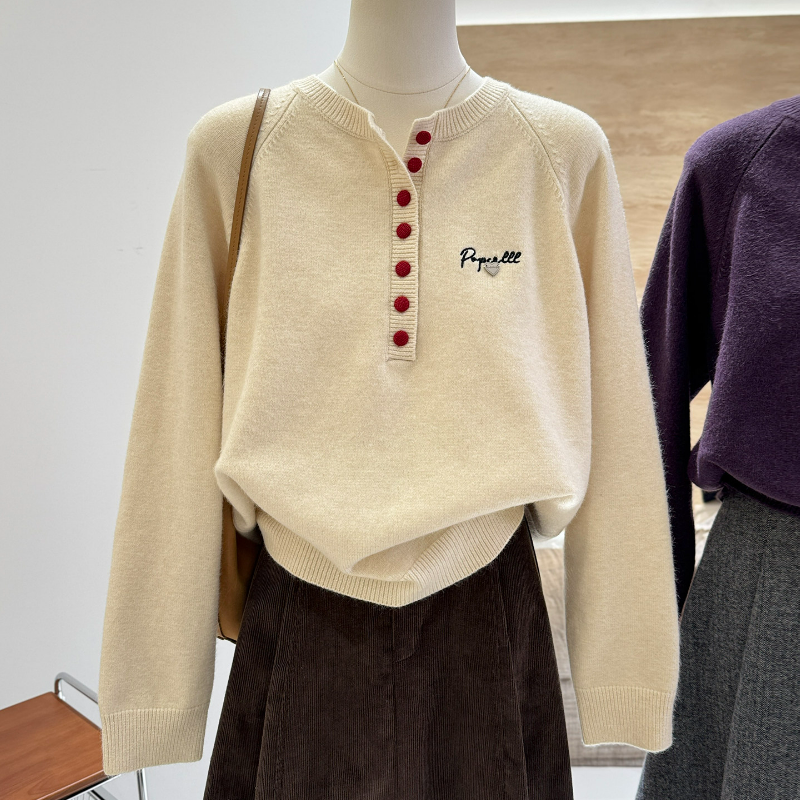 韓系半開領紐扣時尚顯瘦字母刺繡針織毛衣