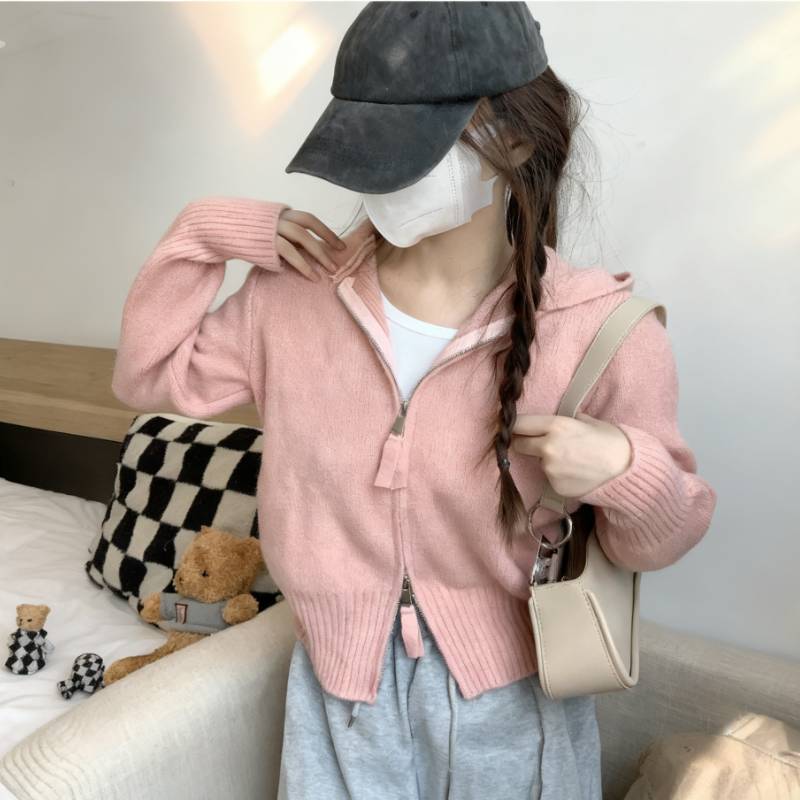 慵懶風拉鍊正肩短版外套連帽針織開衫