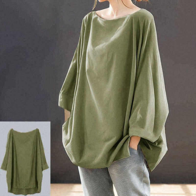 日韩休闲圓領蝙蝠袖寬鬆素色長袖T恤-HaloBless