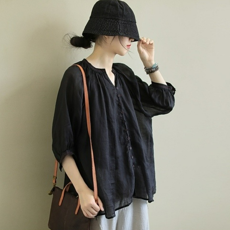 百搭休閒透氣寬鬆文藝棉麻五分袖襯衫-HaloBless