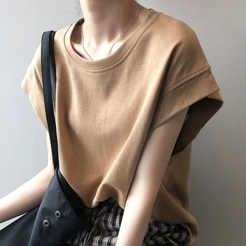 純棉落肩袖高級感寬鬆減齡洋氣短袖t恤-HaloBless