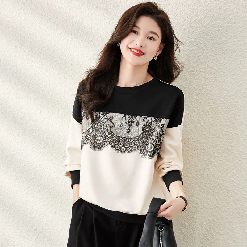 蕾絲拼接寬鬆圓領設計感撞色減齡長袖T恤