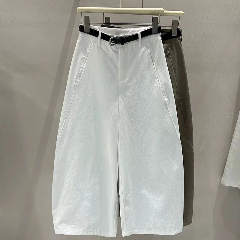 【配皮帶】韓版洋氣高腰顯瘦九分純棉闊腿彎刀褲