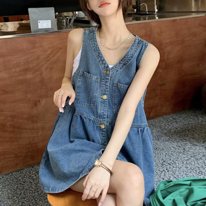 韓版寬鬆小個子休閒無袖牛仔連身裙-HaloBless