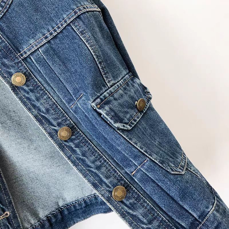 圓領壓褶短版正肩修身顯瘦牛仔夾克-HaloBless