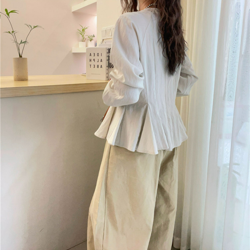 時尚寬鬆百搭短版荷葉邊收腰純棉襯衫