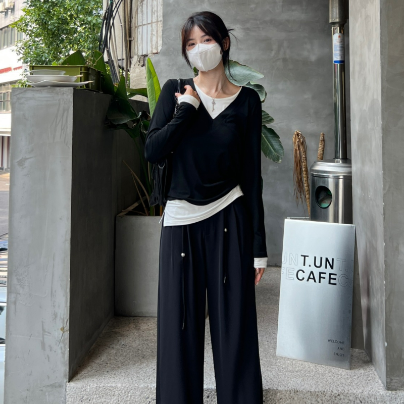 純棉假兩件純慾風內搭修身設計感長袖t恤-HaloBless