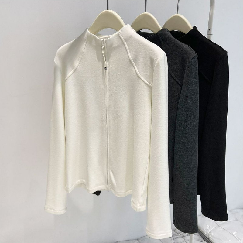 半高領德絨顯瘦修身拉鏈開衫外套