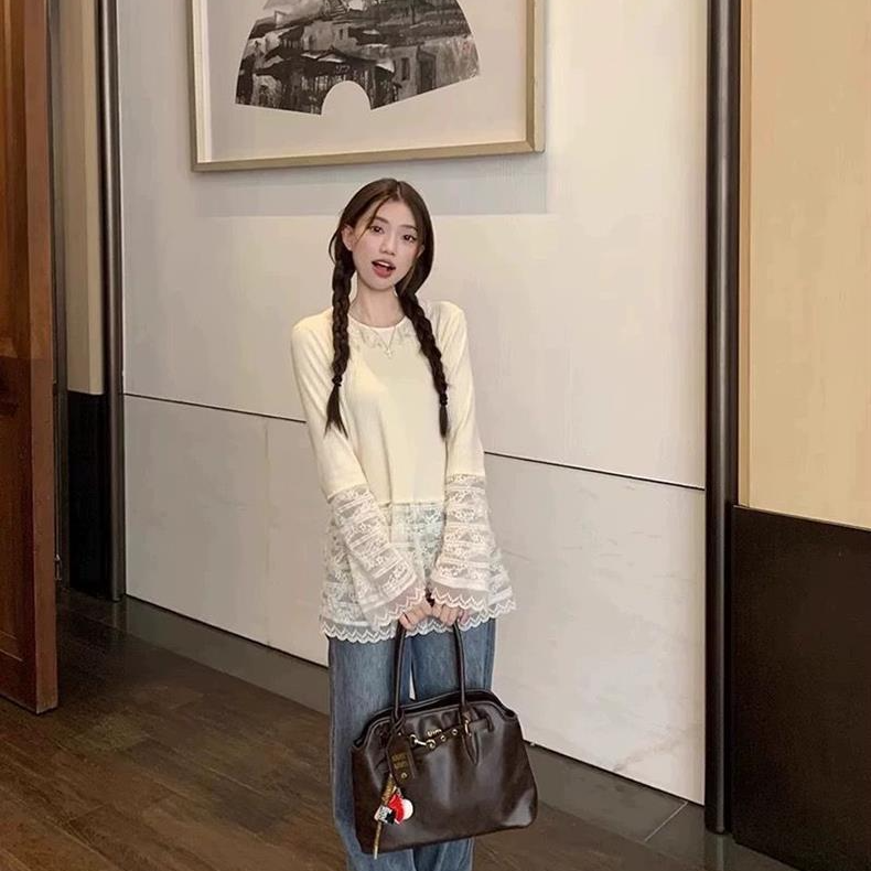甜美內搭設計感拼接下擺蕾絲長袖打底衫-HaloBless
