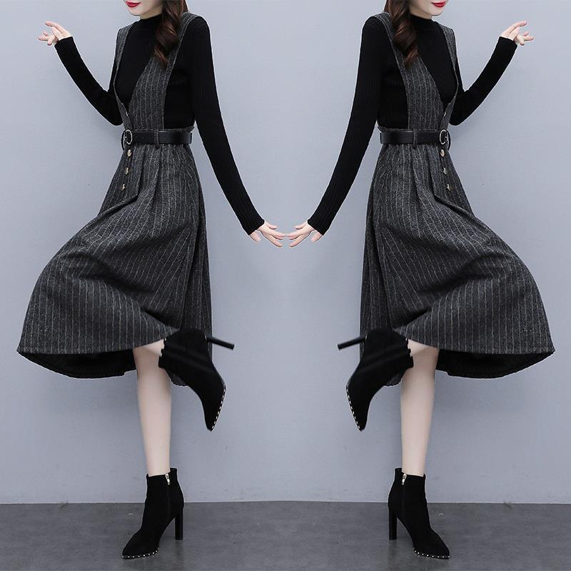 【單件/套裝】毛呢氣質外穿顯瘦背帶連身裙+內搭毛衣兩件套裝-HaloBless