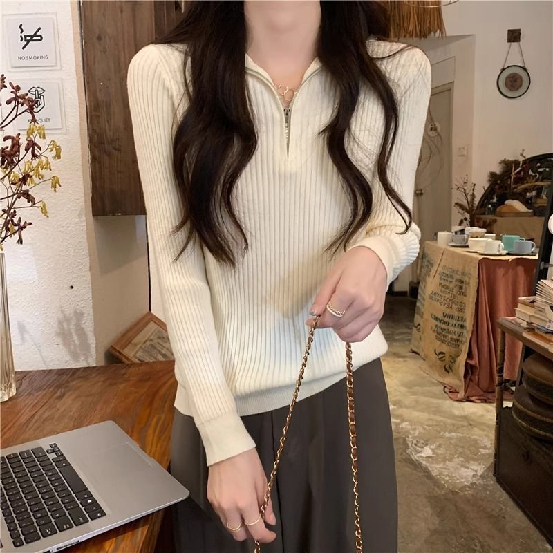 慵懶風半拉鍊高領寬鬆顯瘦內搭長袖針織衫