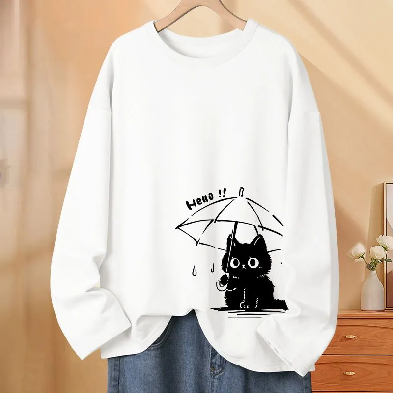 純棉薄款撐傘貓可愛圓領長袖T恤-HaloBless