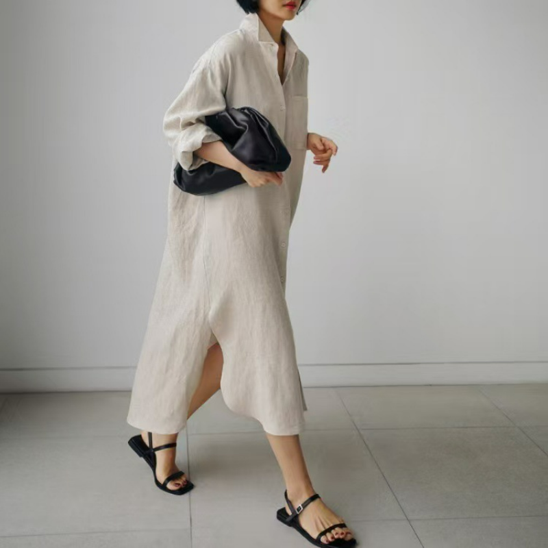 寬鬆休閒文藝顯瘦素色氣質翻領洋裝-HaloBless