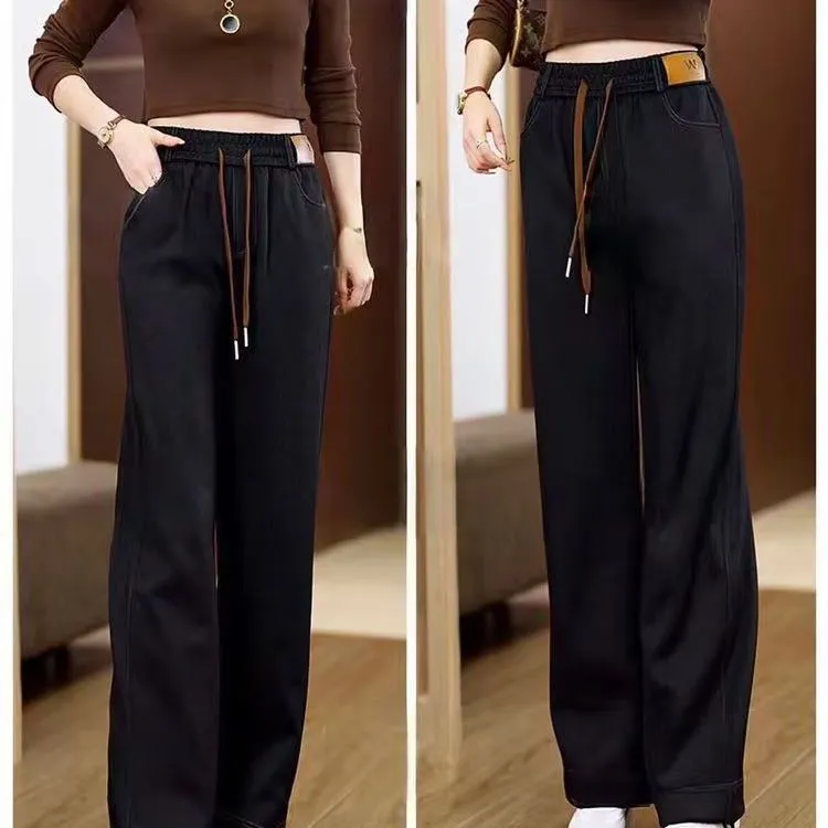 鬆緊高腰寬鬆顯瘦休閒直筒百搭刷毛牛仔褲