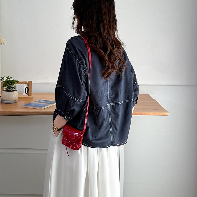 休閒寬鬆明線顯瘦中袖韓版時尚純棉襯衫-HaloBless