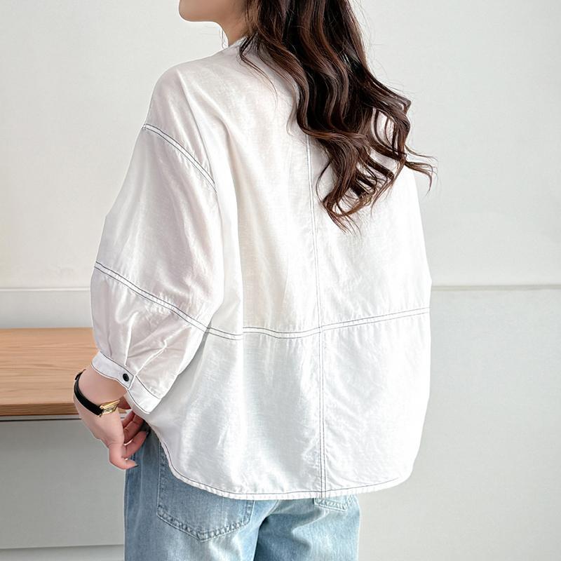 休閒寬鬆明線顯瘦中袖韓版時尚純棉襯衫-HaloBless