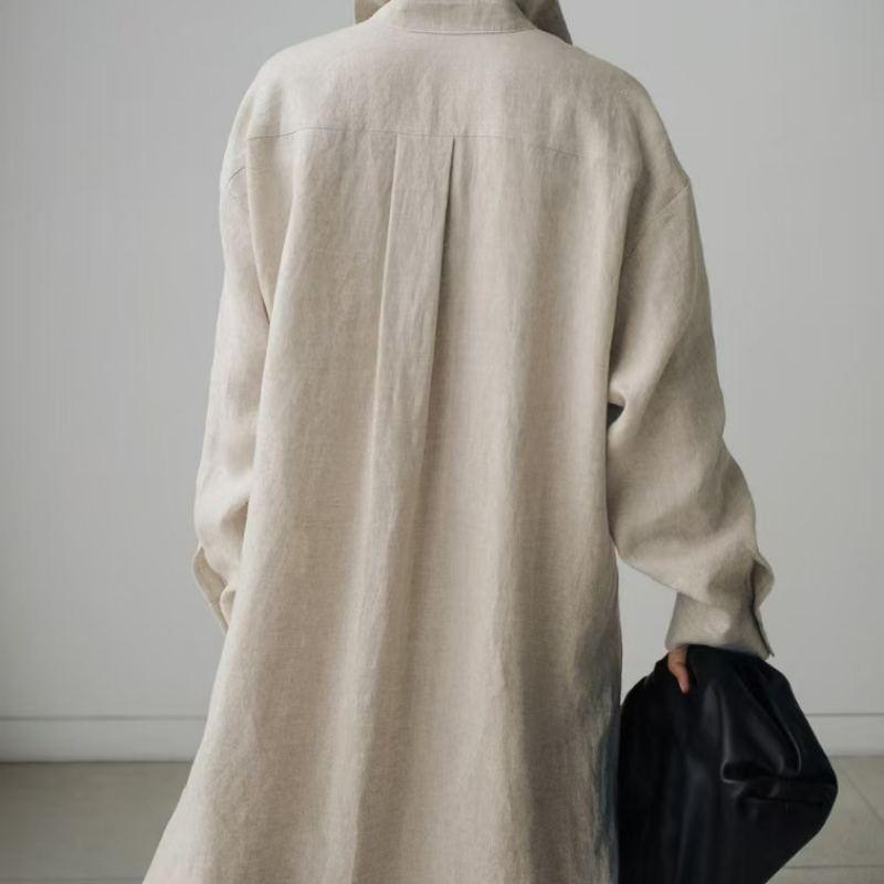 寬鬆休閒文藝顯瘦素色氣質翻領洋裝-HaloBless