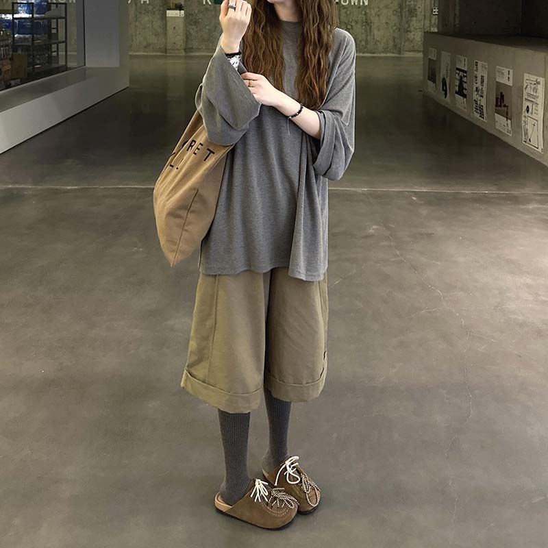 【單品/套裝】慵懶風寬鬆百搭長袖T恤高腰休閒褲兩件套裝-HaloBless