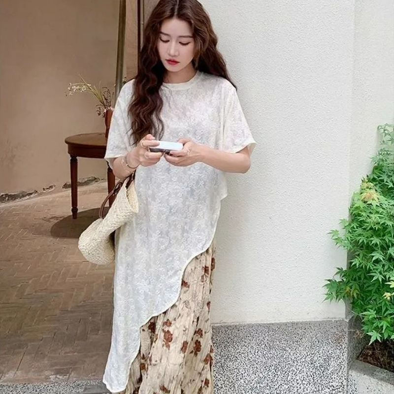 【單件/套裝】法式度假風氛圍感不規則蕾絲罩衫+吊帶碎花裙兩件套-HaloBless