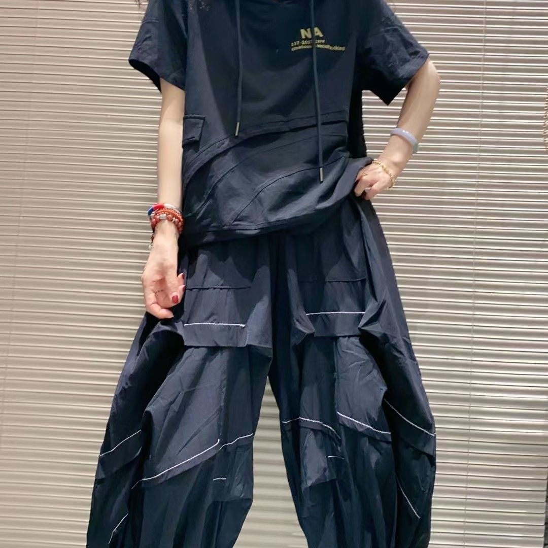 休閒設計感百搭時尚顯瘦抽繩連帽短袖