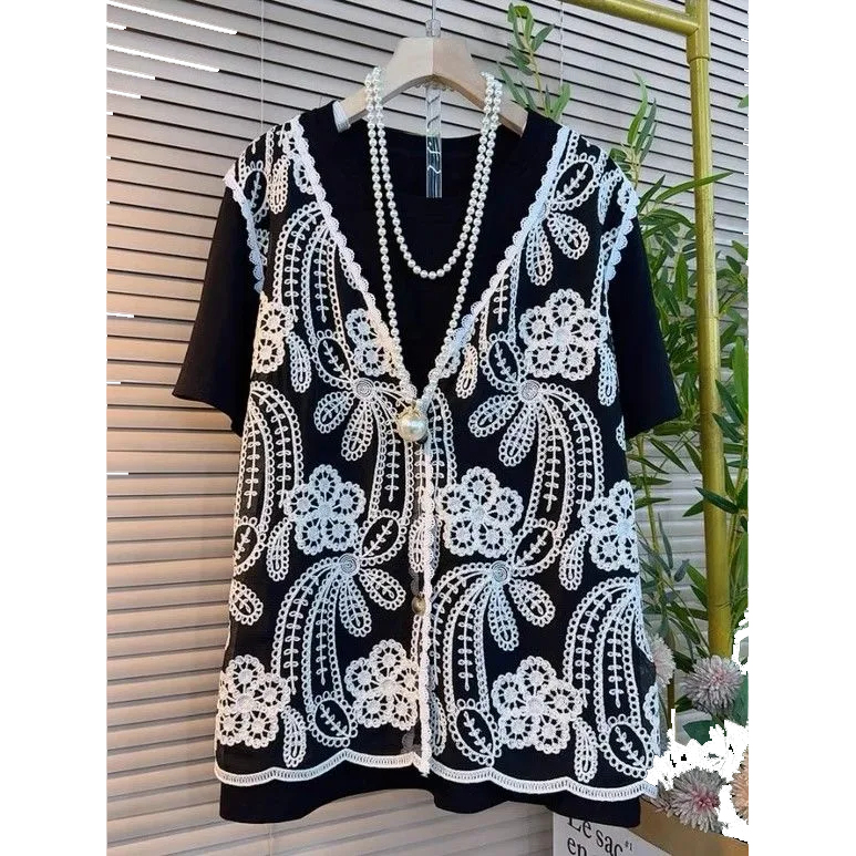 高級感假兩件鉤花鏤空寬鬆洋氣短袖T恤