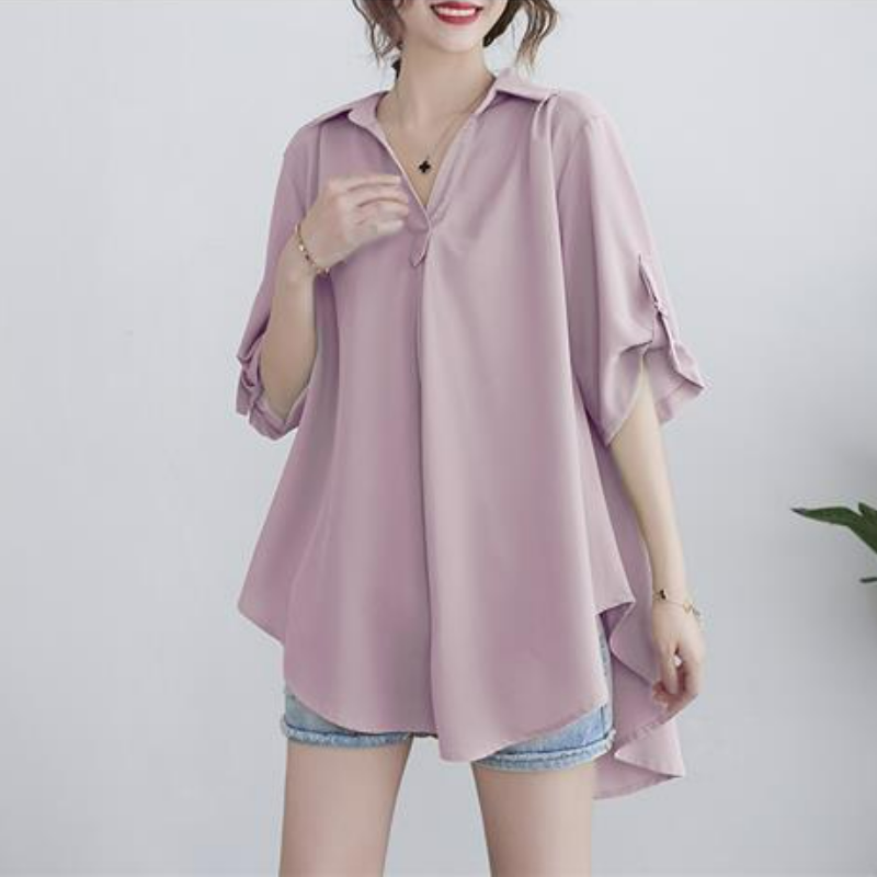 中長款大碼寬鬆收腰顯瘦短袖雪紡衫-HaloBless