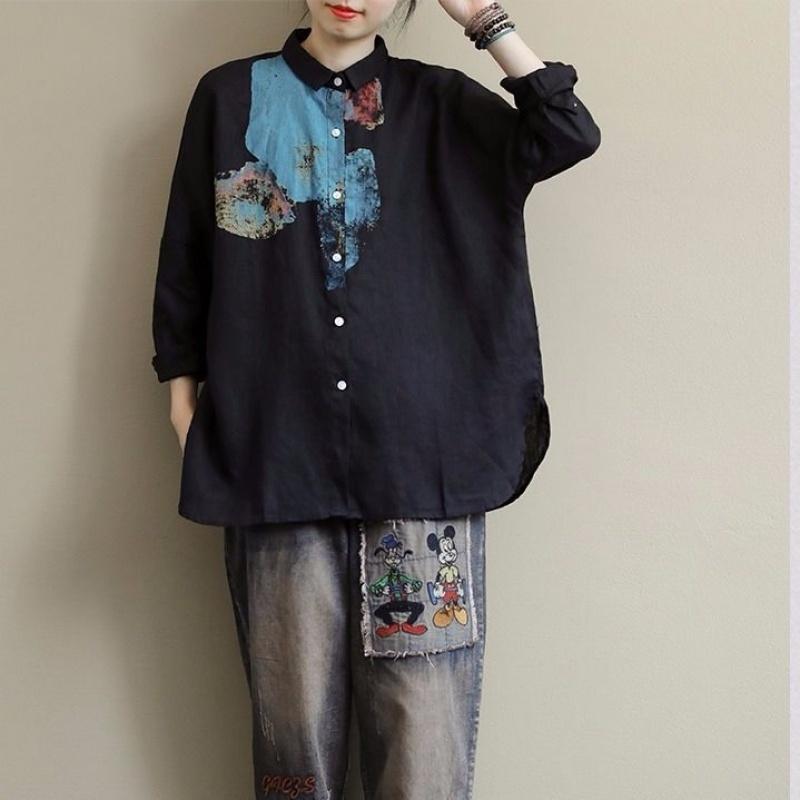 文藝印花長袖大碼寬松百搭棉麻襯衫-HaloBless