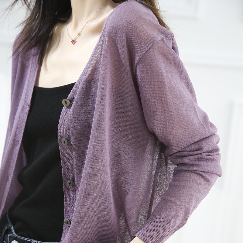 V領針織開衫冰絲防曬短款長袖針織開衫