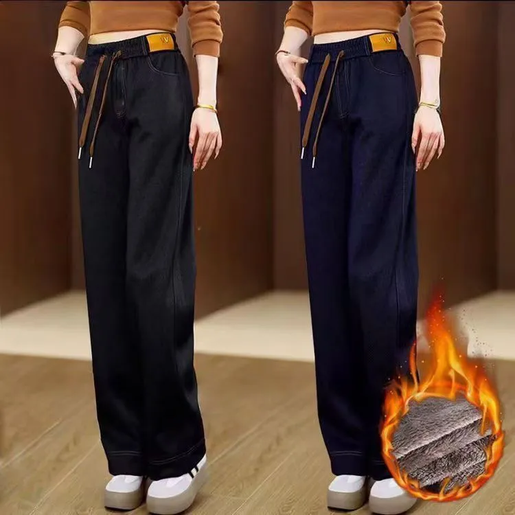 鬆緊高腰寬鬆顯瘦休閒直筒百搭刷毛牛仔褲