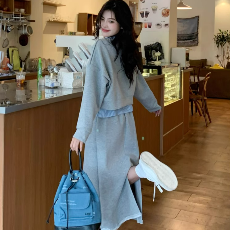 【整套】POLO領條紋拼接長袖衛衣+高腰包臀半裙兩件套裝-HaloBless