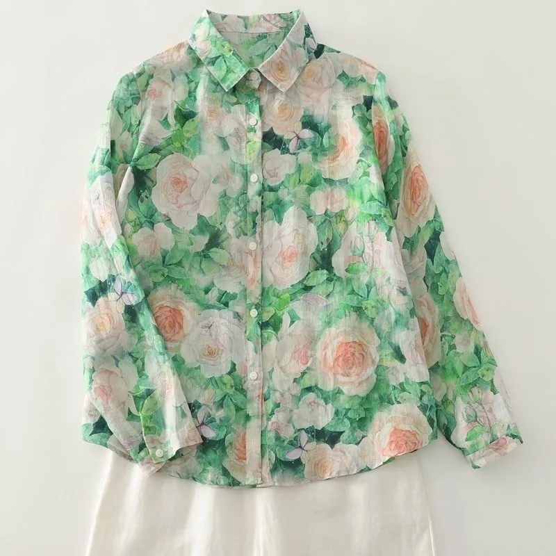 綠色碎花法式寬鬆顯瘦百搭長袖襯衫-HaloBless