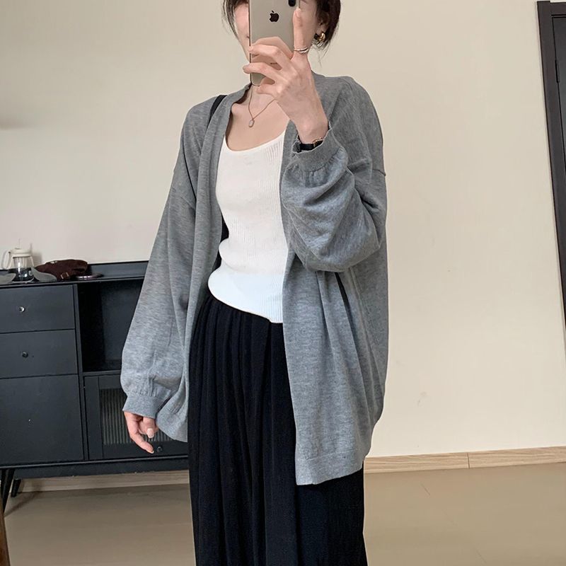 時尚百搭中長薄款顯瘦寬鬆針織防曬開衫