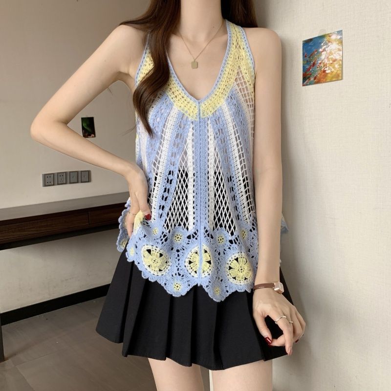 波西米亞設計感撞色可疊穿鏤空吊帶背心