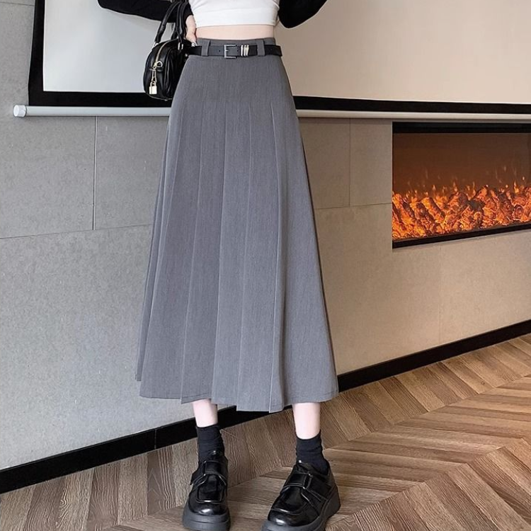 學院風高腰顯瘦A字西裝百褶中長款半身裙-HaloBless