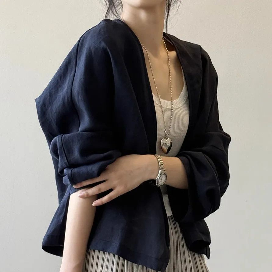 薄款寬鬆防曬復古棉感文藝長袖開衫-HaloBless
