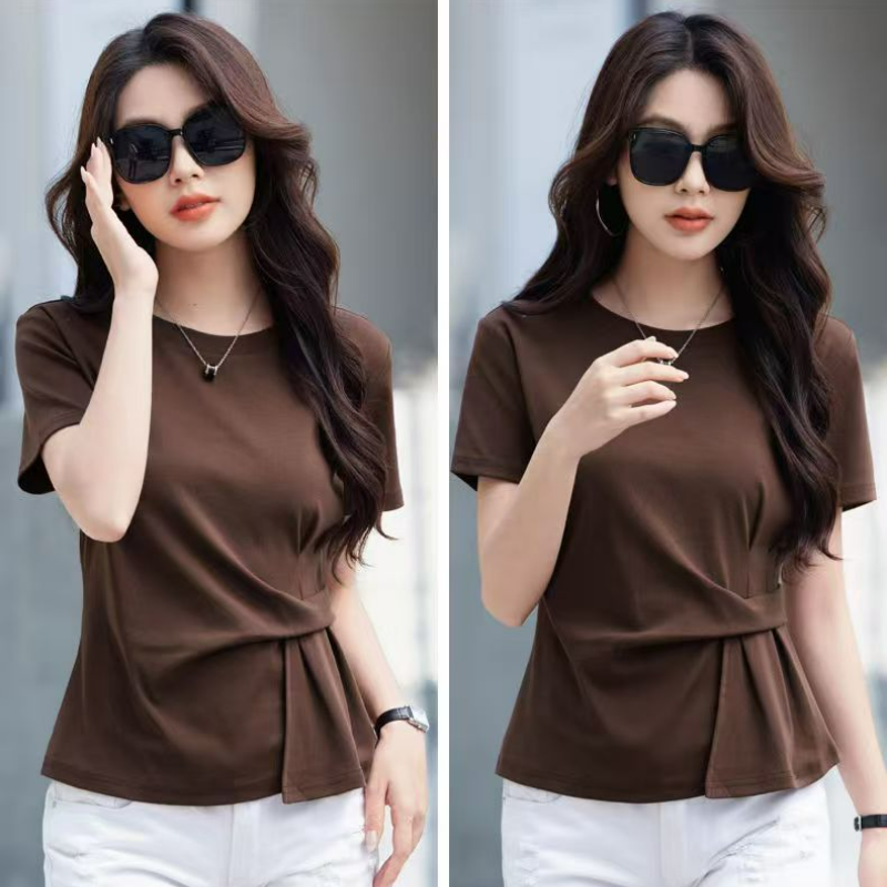 不規則設計純棉顯瘦褶皺收腰寬鬆短袖-HaloBless