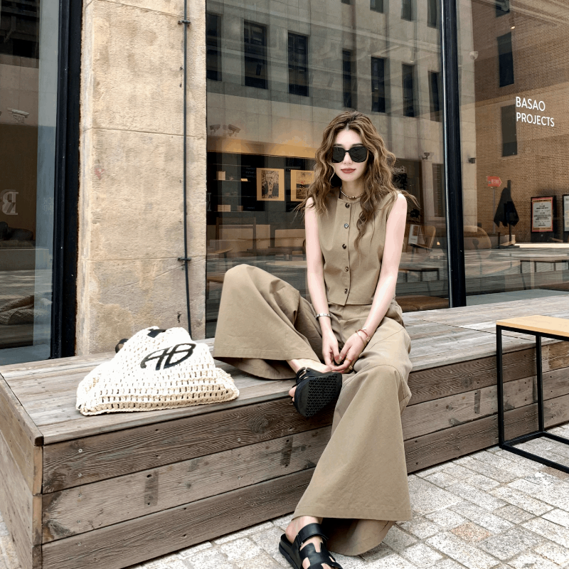 【單件/套裝】極簡設計兩穿無袖背心+寬鬆闊腿褲兩件套裝-HaloBless