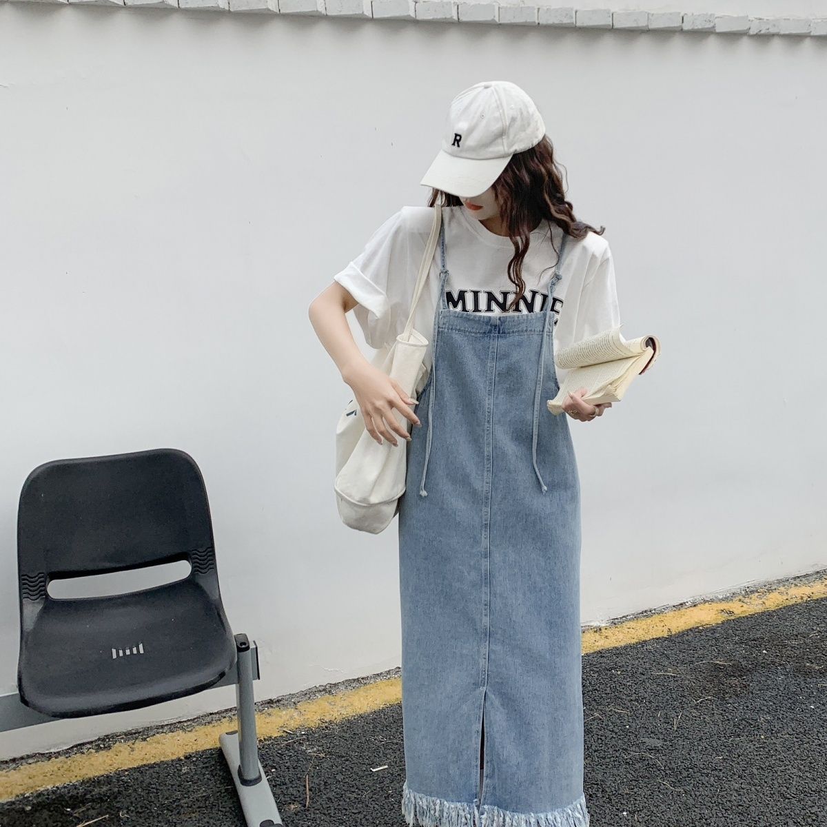 顯瘦流蘇吊帶開叉清新牛仔吊帶裙-HaloBless