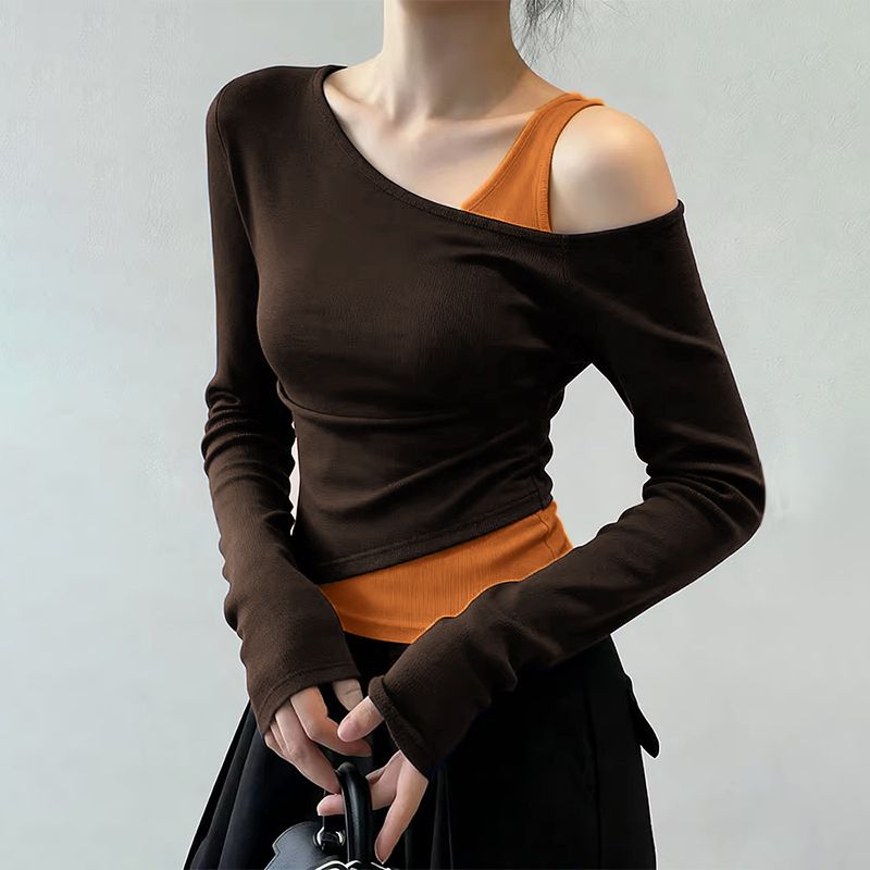 斜肩假兩件修身顯瘦拼色氣質休閒T恤